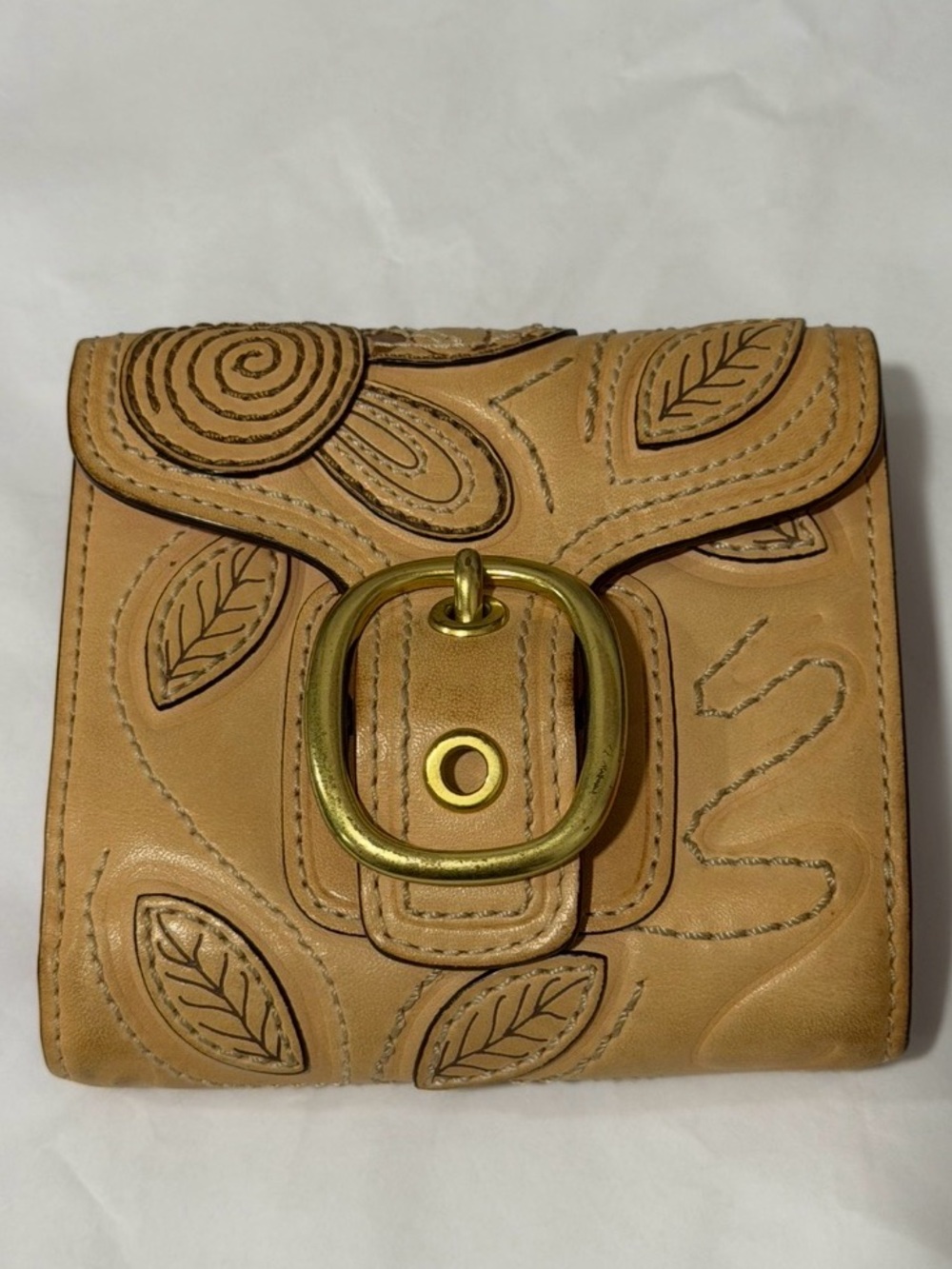 Vintage Y2K RARE Coach Bleecker Tooled Vachetta Leather Flower Trifold Wallet